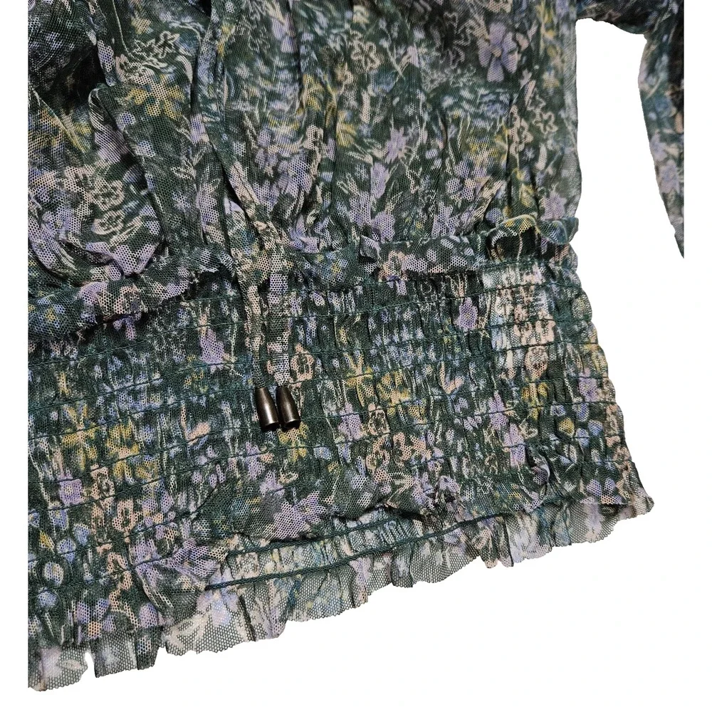 Free People Twyla Floral Sheer Blouse Women XS Ruffled Smocked Green Cottagecore